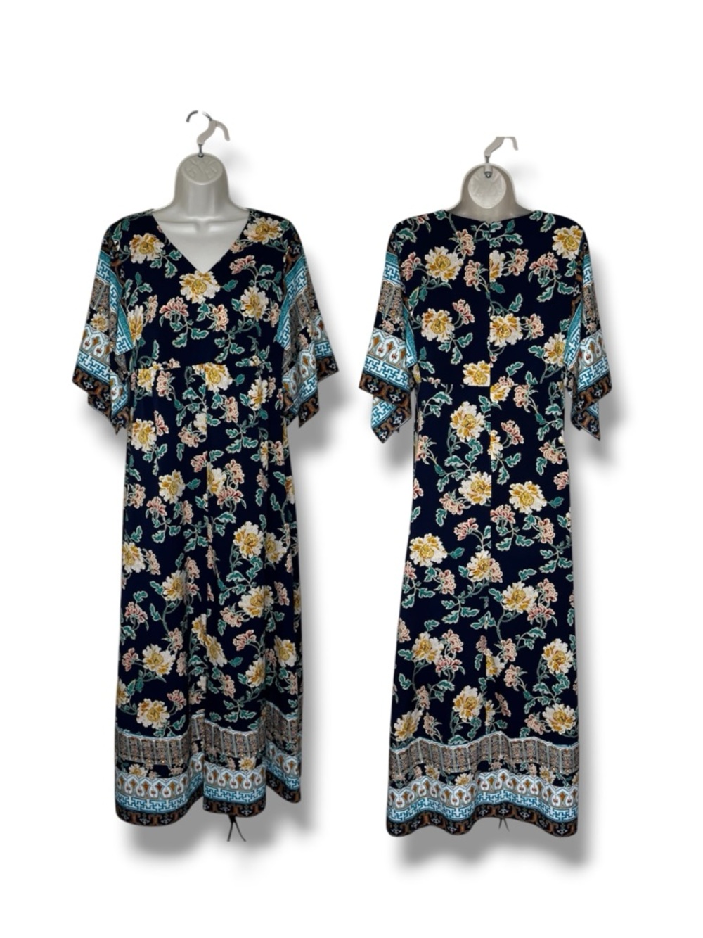 Chicos Floral Caftan Maxi Dress Kimono Sleeve Navy Boho V Neck Women Size 4 READ